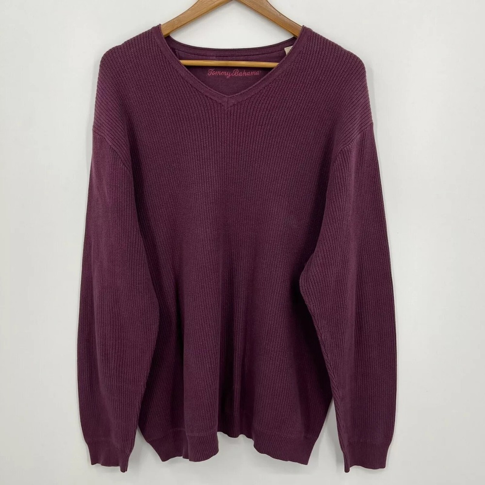 Tommy Bahama Mens XL Purple Ribbed Knit V-Neck 100% Cotton Sweater